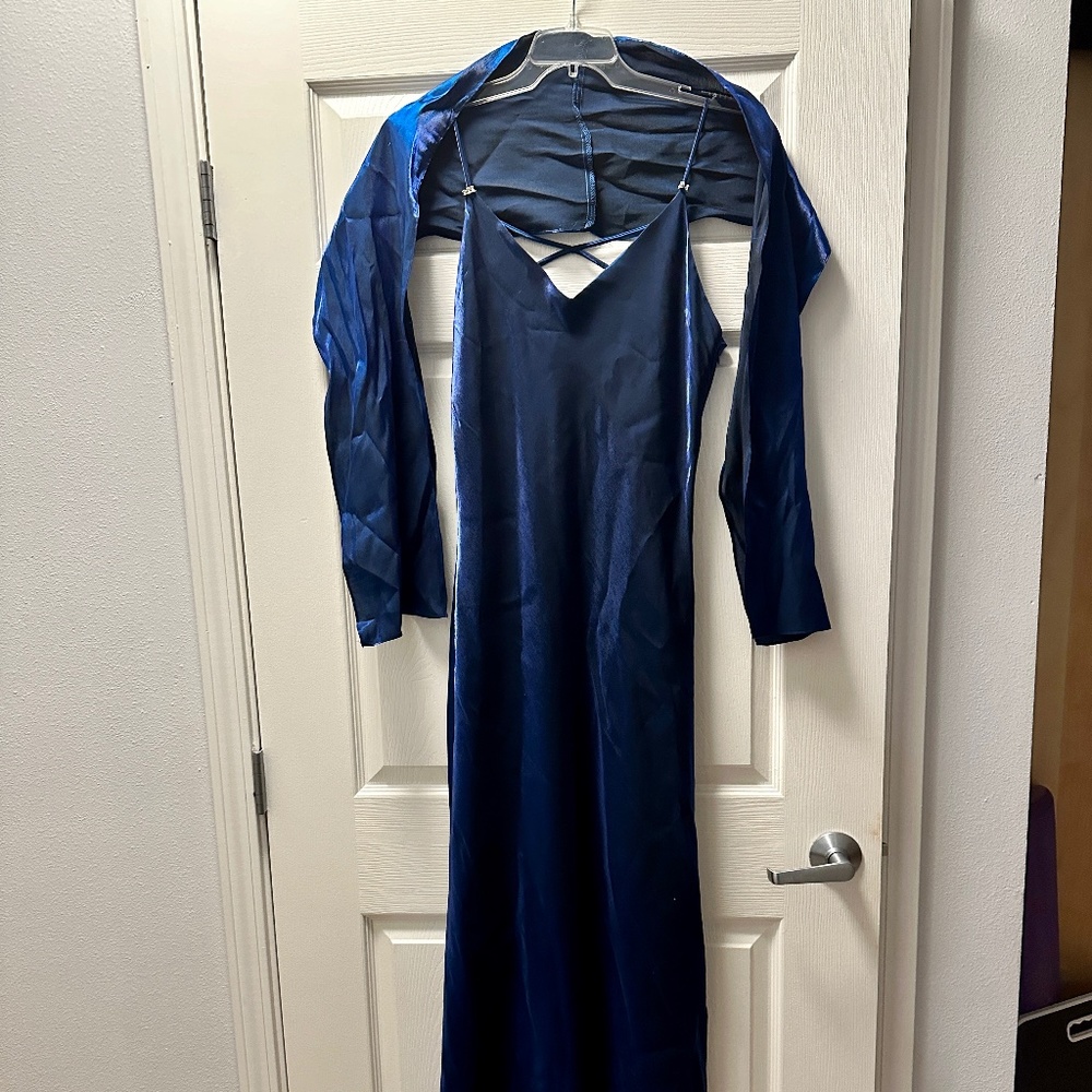 Vintage prom dress - shiny metallic blue with matching shawl